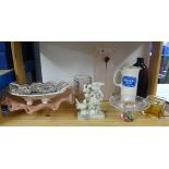 Various art glass ware, continental pottery dish, carved hardstone bird group and Horlicks jug