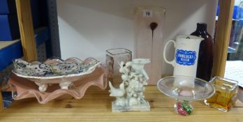 Various art glass ware, continental pottery dish, carved hardstone bird group and Horlicks jug