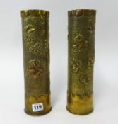 Trench Art, a pair of shell cases embossed with flower decoration (2)