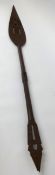 An African carved wood sphere, length 150cm also a spiral twist carving and a walking stick (3).