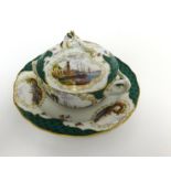 A 19th century porcelain muffin dish, cover and stand, decorated with panels of landscape scenes and