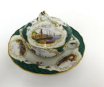 A 19th century porcelain muffin dish, cover and stand, decorated with panels of landscape scenes and