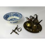 A Wedgwood Willow bowl, diameter 40cm also various metal ware and objects.