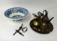 A Wedgwood Willow bowl, diameter 40cm also various metal ware and objects.