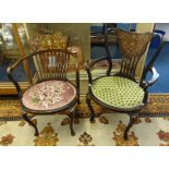 Two Edwardian marquetry inlaid elbow chairs.