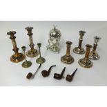 Metal wares including silver plated candlesticks, small silver items, EP table piece with spirit