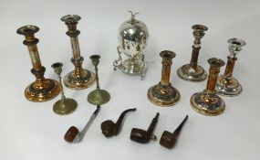 Metal wares including silver plated candlesticks, small silver items, EP table piece with spirit