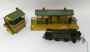 Model Railway, a tin plate platform waiting room, signal box, O gauge railway including Great