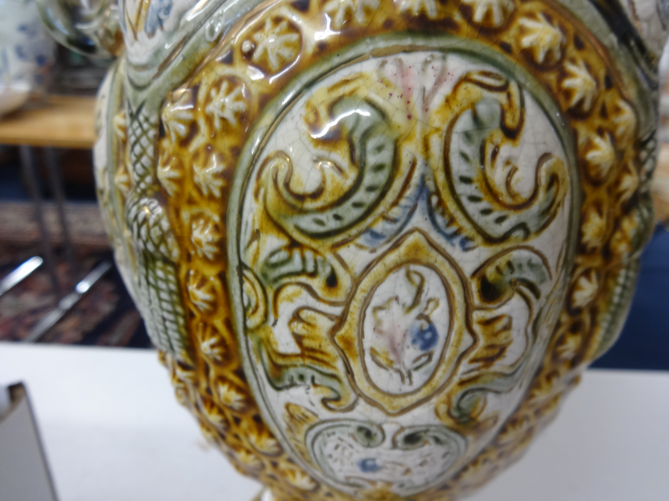 A pair of ornate Victorian pottery vases, height 42cm. - Image 7 of 8