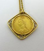 A Victoria 1892 half sovereign, shield back, set in a pendant necklace.