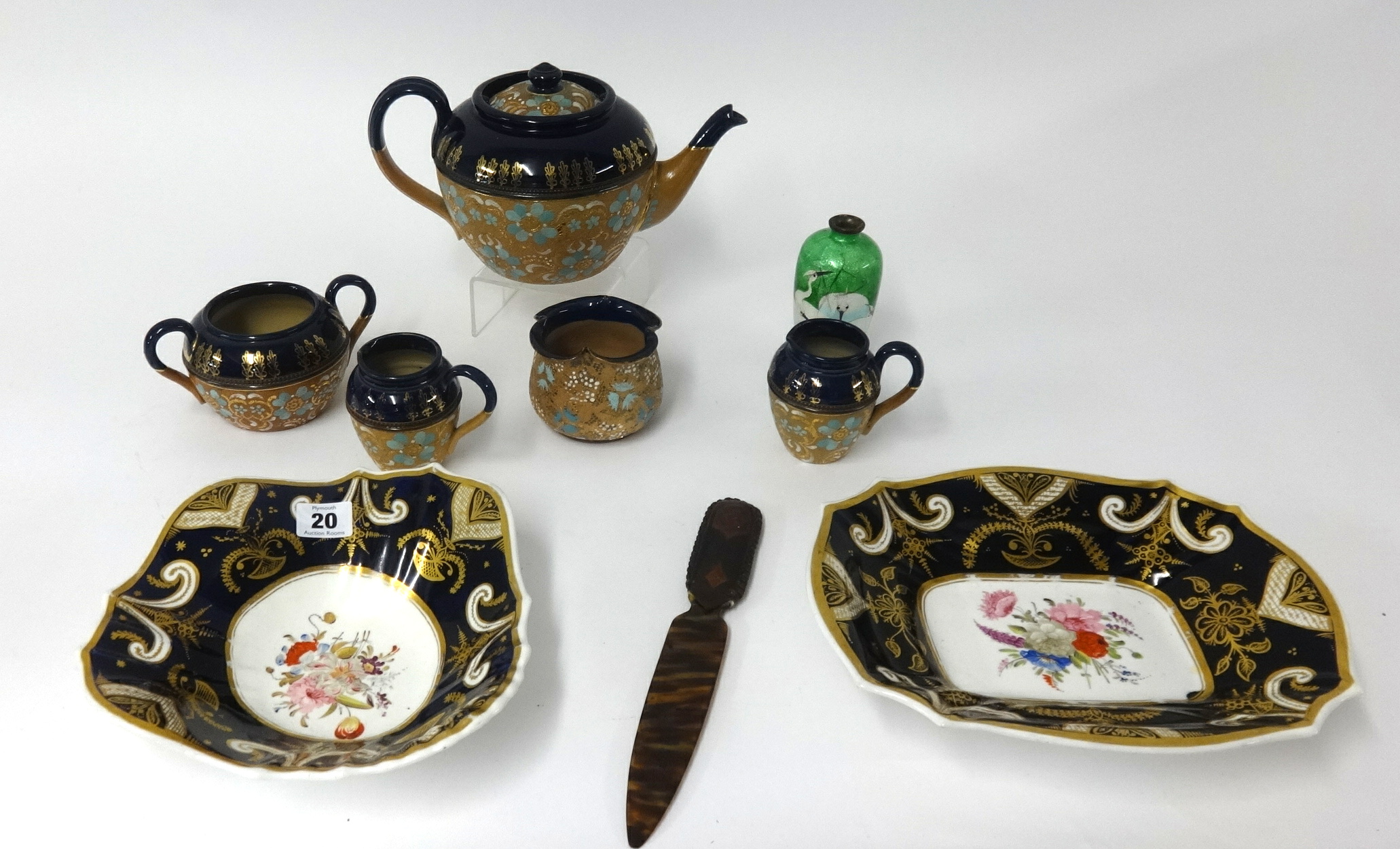 Doulton, Slaters five piece tea service, two 19th Century hand painted dishes, paper knife and