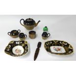 Doulton, Slaters five piece tea service, two 19th Century hand painted dishes, paper knife and