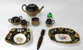 Doulton, Slaters five piece tea service, two 19th Century hand painted dishes, paper knife and