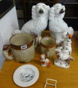 A pair of Staffordshire Spaniel dogs and three other Staffordshire items, a 19th Century