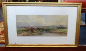 Tom Rowden (1842-1926), watercolour, signed 'Cattle by River', 24cm x 53cm.