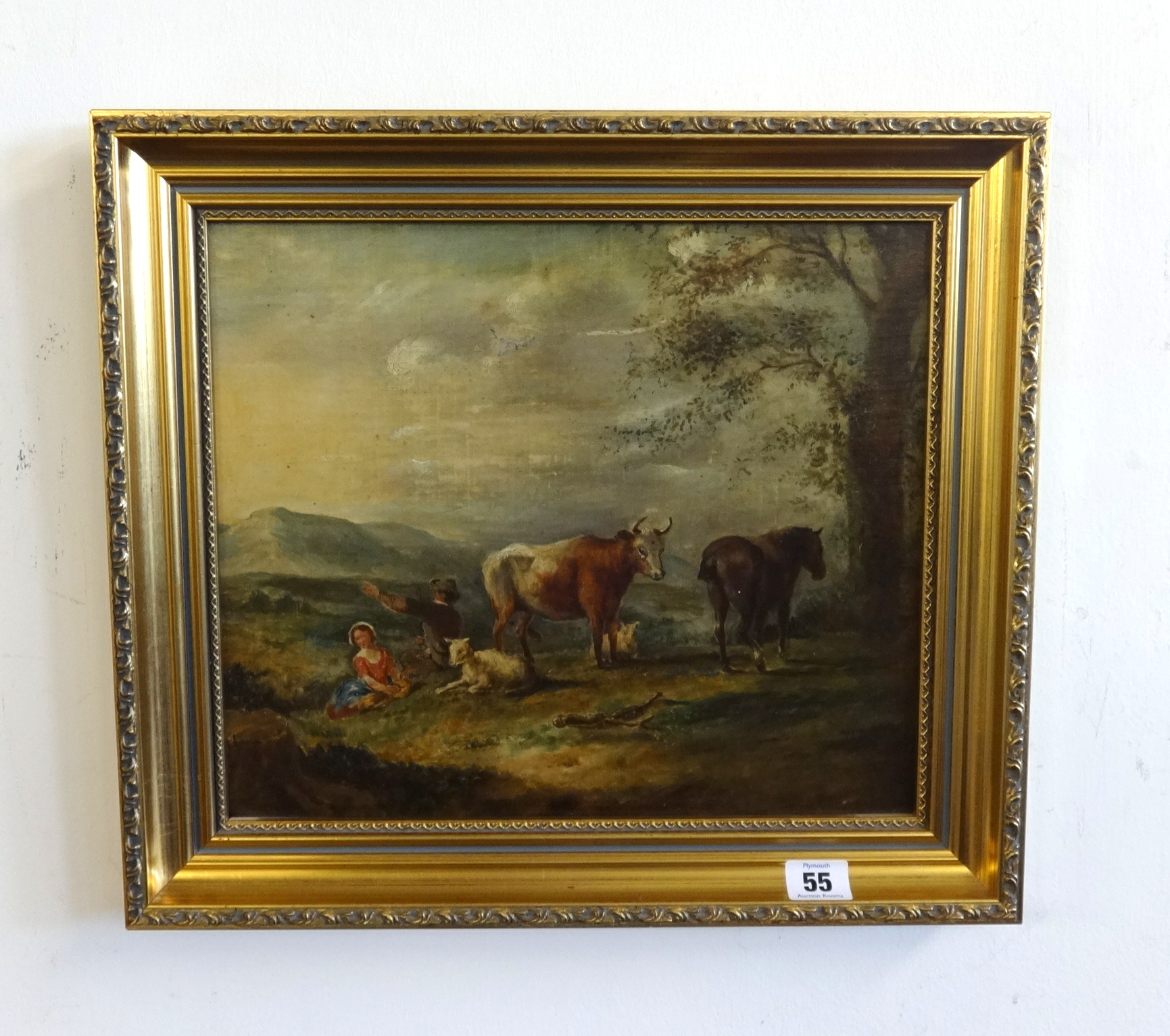 Victorian School, oil on board, 'Cattle, Horse and figures in a landscape', 29cm x 34cm.