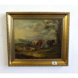 Victorian School, oil on board, 'Cattle, Horse and figures in a landscape', 29cm x 34cm.