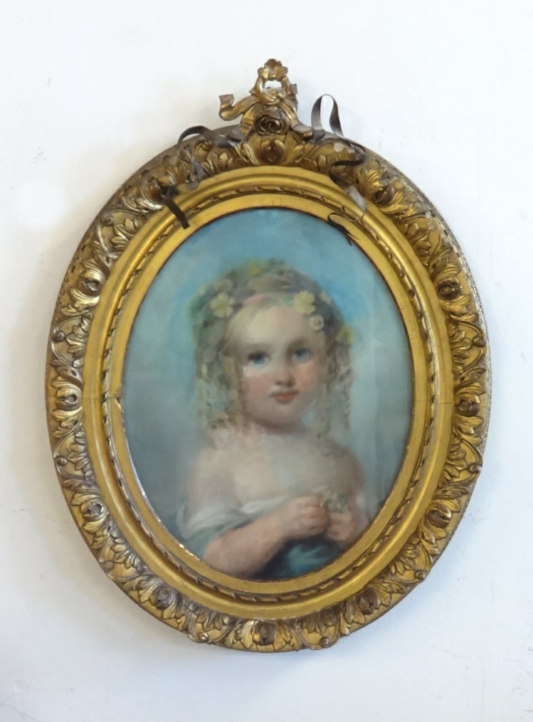 A 19th Century pastel portrait of a child, not signed, in oval gilt frame, overall size 66cm x