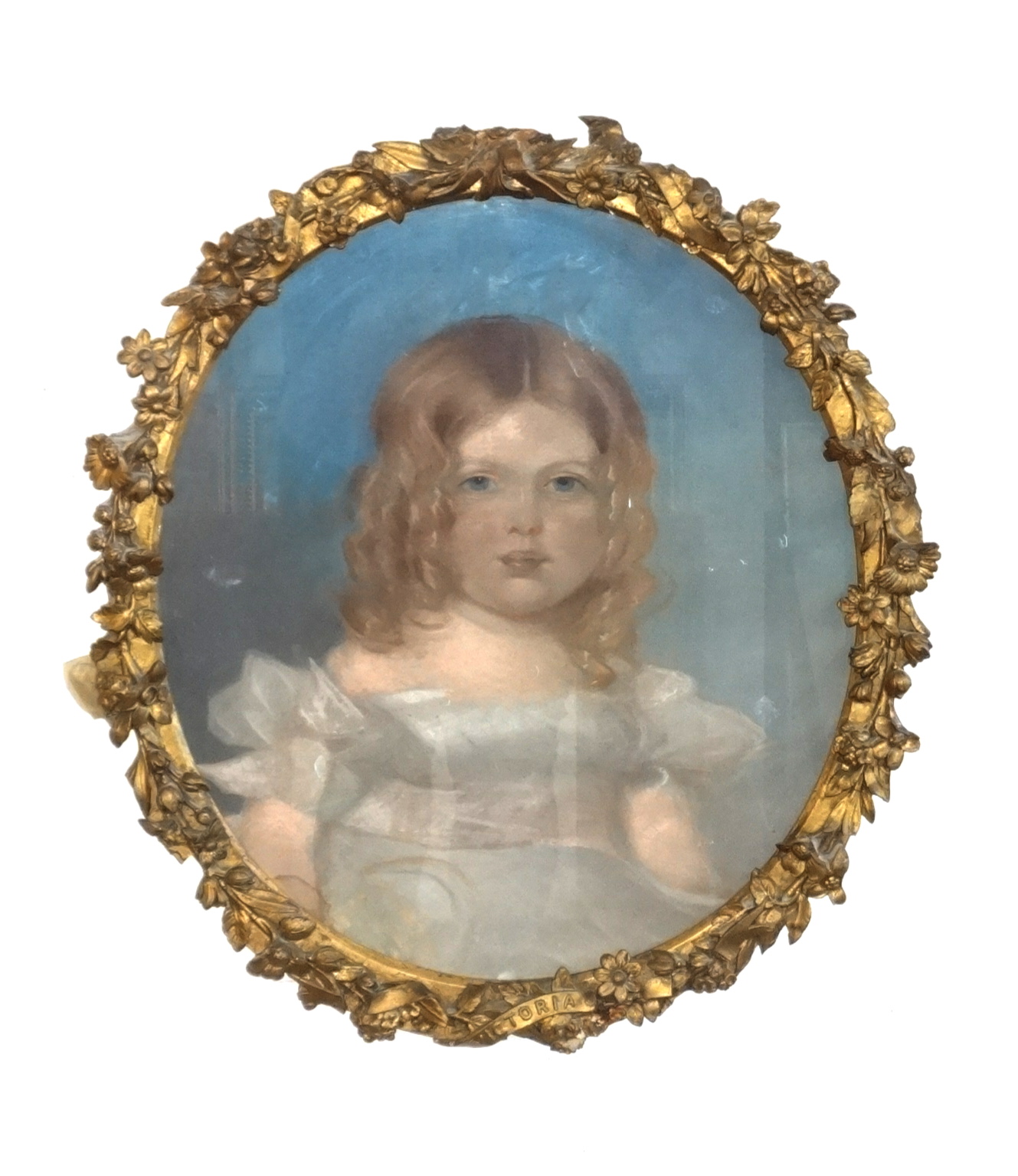 A 19th Century pastel portrait of a child, various written notes verso, including Miss Dashwood