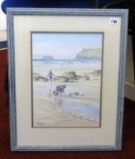 Harry McConville, watercolour, 'Beach Boy, Polzeath', 36cm x 25cm also with Shirley Hole print
