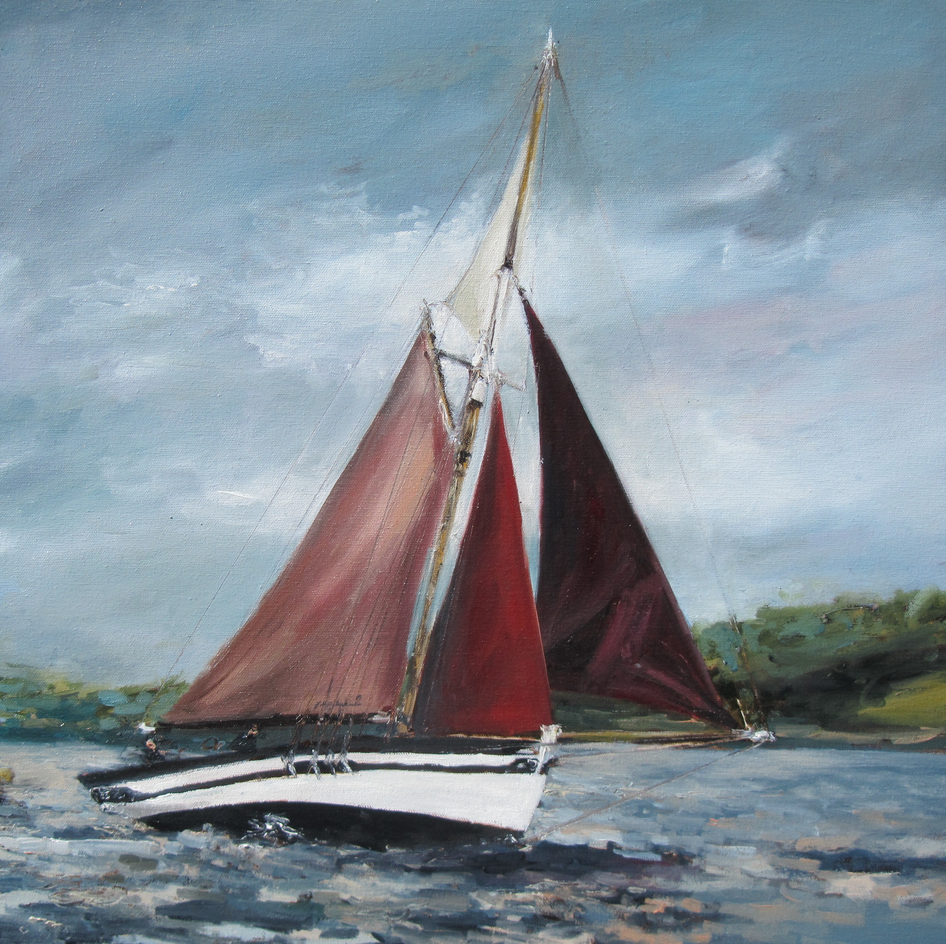 Jill Hudson (current contemporary artist in Cornwall) 'Red Sails', 50cm x 50cm x 3.8cm, signed,