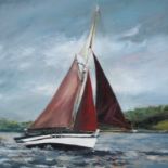 Jill Hudson (current contemporary artist in Cornwall) 'Red Sails', 50cm x 50cm x 3.8cm, signed,