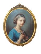 L.Mar 19th Century pastel portrait, signed, written label verso, 'The Blue Lady, L.Mar, Paris 1825