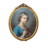 L.Mar 19th Century pastel portrait, signed, written label verso, 'The Blue Lady, L.Mar, Paris 1825