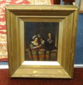 A late 19th/ 20th Century oil, of a 'Musician and lady on a balcony, in period costume', not signed,