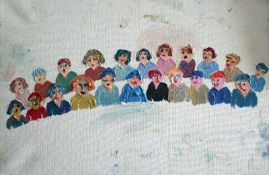 Fred Yates (1922--2008, oil on canvas, two rows of people, 24cm x 35cm, Provenance Estate Auction