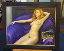 Piran Bishop, oil on canvas 'Reclining Nude, Lady in Purple Chair' with Robert Lenkiewicz book,