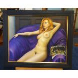 Piran Bishop, oil on canvas 'Reclining Nude, Lady in Purple Chair' with Robert Lenkiewicz book,