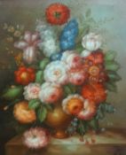 Two late 20th Century oil paintings of still life flowers and fruits in the Dutch style, the largest