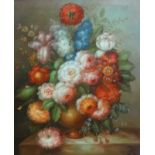 Two late 20th Century oil paintings of still life flowers and fruits in the Dutch style, the largest