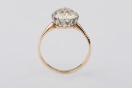 A diamond solitaire ring in yellow gold, approx 3ct, old cut stone, finger size N. clarity