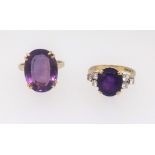 Two 18ct amethyst set dress rings (one set with six diamonds) finger size M approx. 10.2gms.