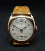 Rolex, a 9ct gold vintage cushion shaped manual wind wristwatch, R.W and Co Ltd, case, hallmarked