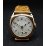 Rolex, a 9ct gold vintage cushion shaped manual wind wristwatch, R.W and Co Ltd, case, hallmarked