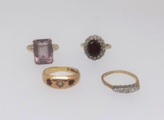 Four gold dress rings including 18ct (4.6gms), 15ct (3.6gms), 9ct (3.4gms) and another indistinct