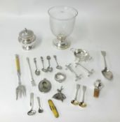 Mixed lot of silver wares including Georgian table spoon with stags head crest, wine bottle