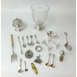 Mixed lot of silver wares including Georgian table spoon with stags head crest, wine bottle