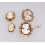 A 9ct cameo brooch decorated with a figure and bird, another 9ct cameo brooch and two others (4).