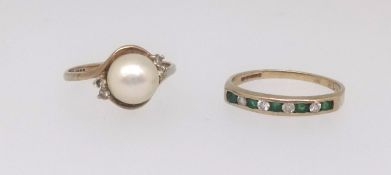 A 9ct pearl and diamond set ring, finger size M, together with a 9ct emerald style and diamond