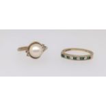 A 9ct pearl and diamond set ring, finger size M, together with a 9ct emerald style and diamond