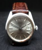 Rolex, Oyster Perpetual Date, a gents stainless steel wristwatch with leather strap.