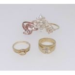 Five 9ct gold rings with certificates including rainbow moon stone, imperial topaz, circon,