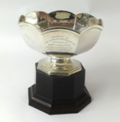 Modern silver trophy bowl on stand with scallop edge with presentation inscription, Birmingham circa