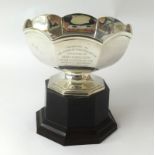 Modern silver trophy bowl on stand with scallop edge with presentation inscription, Birmingham circa