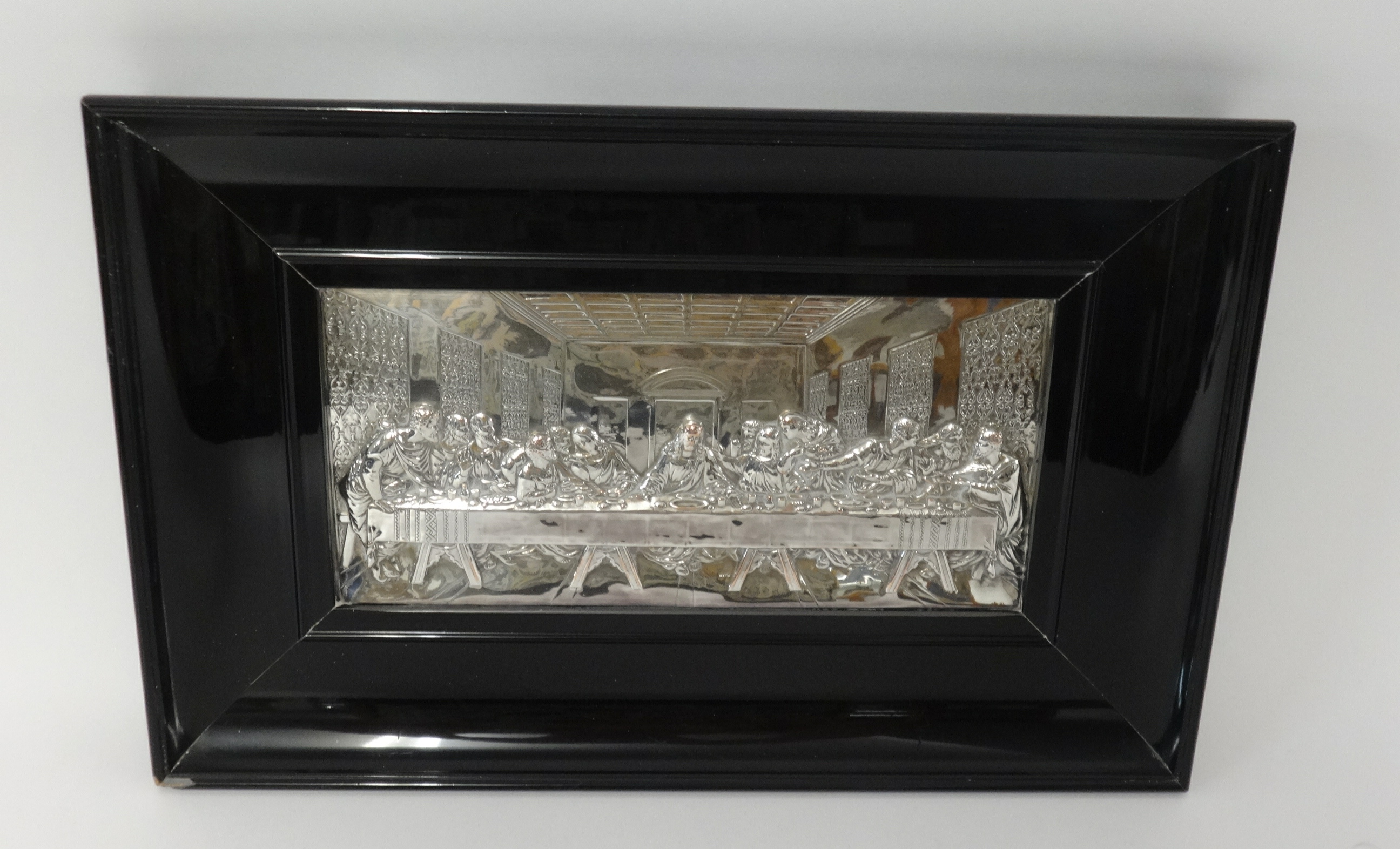 Silver plated 'Last Supper' picture, inscription verso, Malta 1927, 12cm x 24cm in wide black