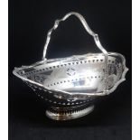 Edward VII silver oval handled basket with ribbon and scallop boarder, pierced and chased